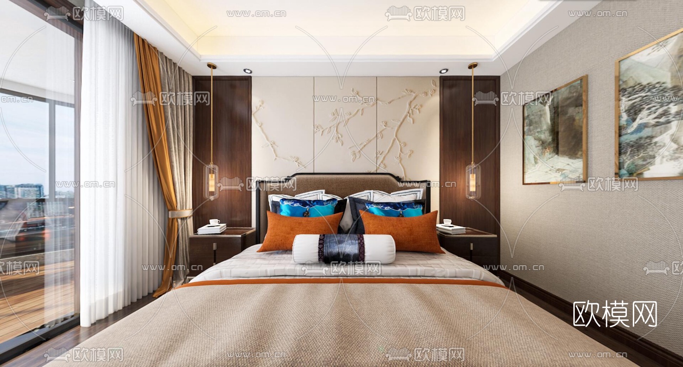 新中式卧室主人房vr全景3d模型