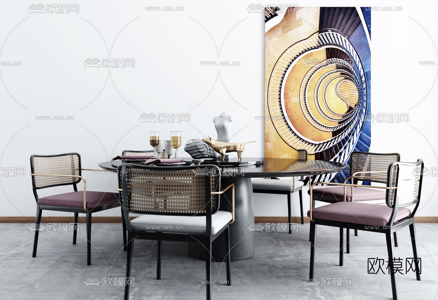 后现代圆形餐桌椅3d模型下载