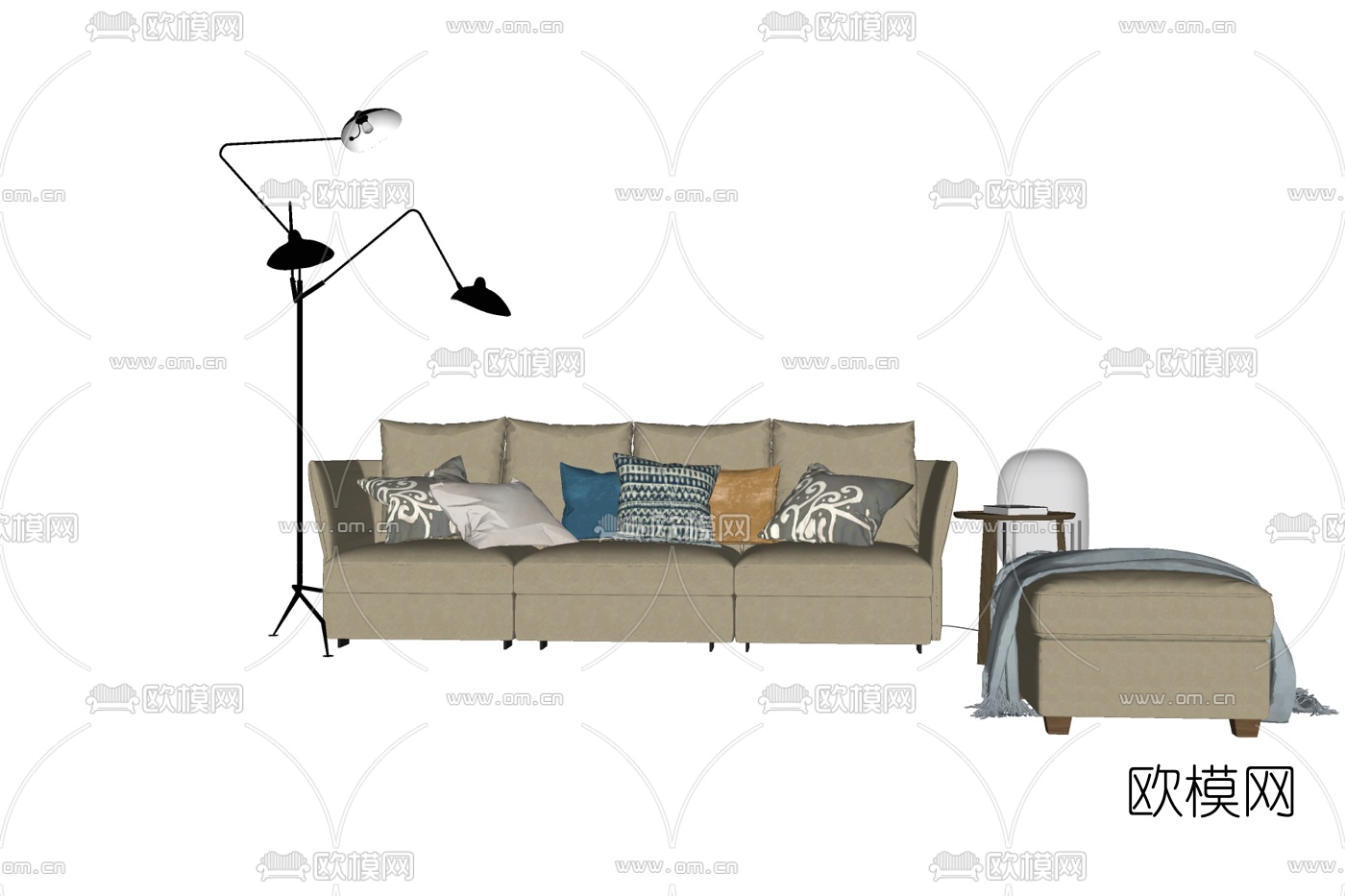 现代布艺组合沙发免费su模型下载