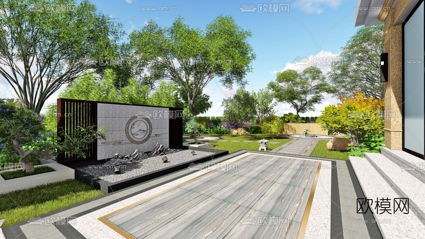 中式别墅庭院花园su模型下载（渲染图2）