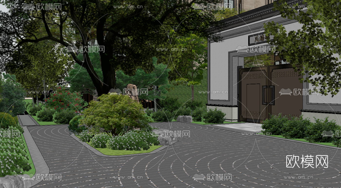 新中式别墅庭院景观su模型下载（渲染图2）