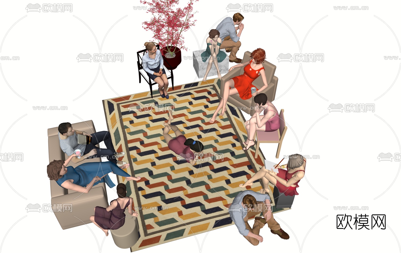 欧式坐姿人物组合su模型下载（渲染图3）