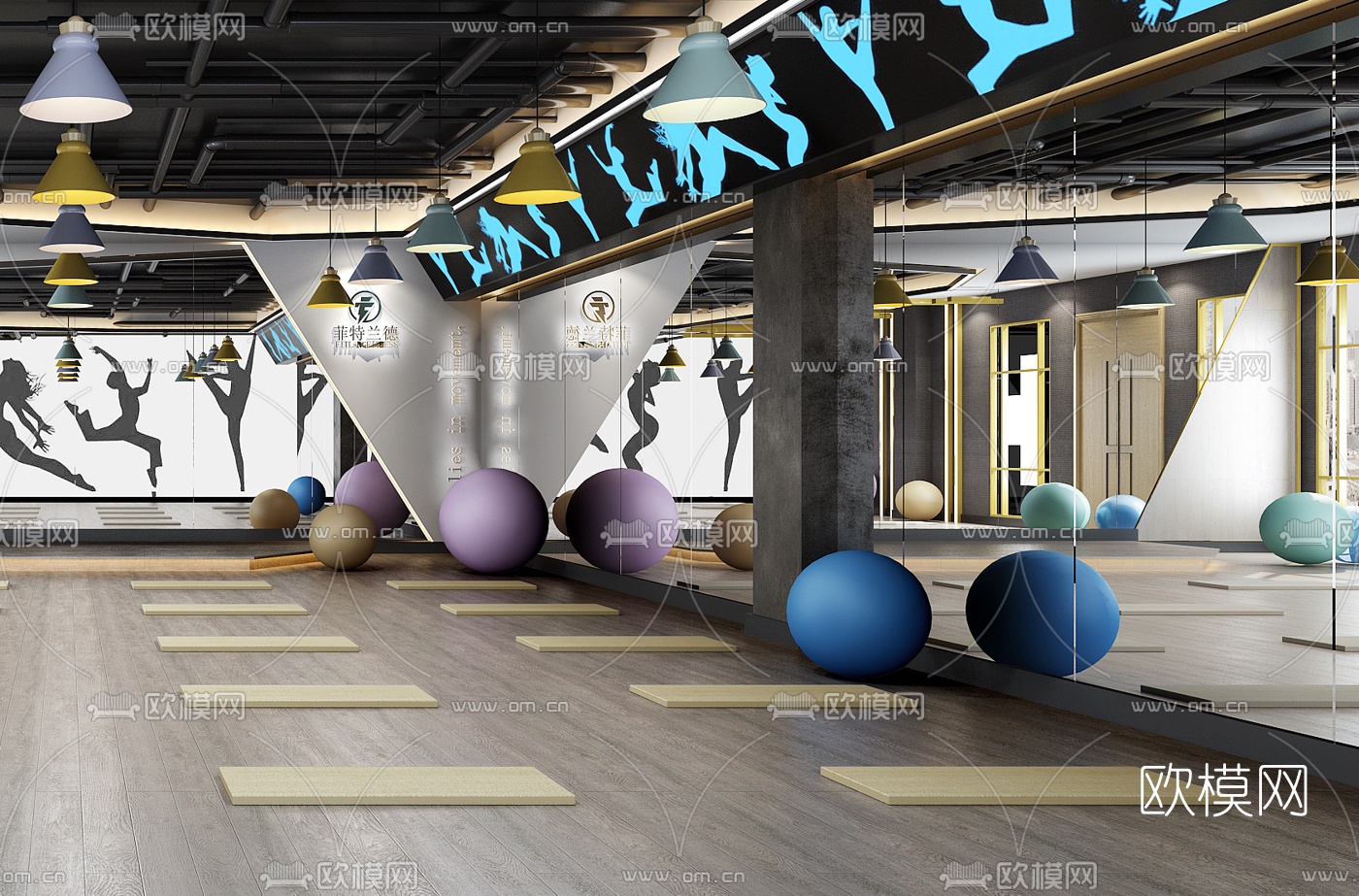 工业风健身房瑜伽室3d模型下载（渲染图3）