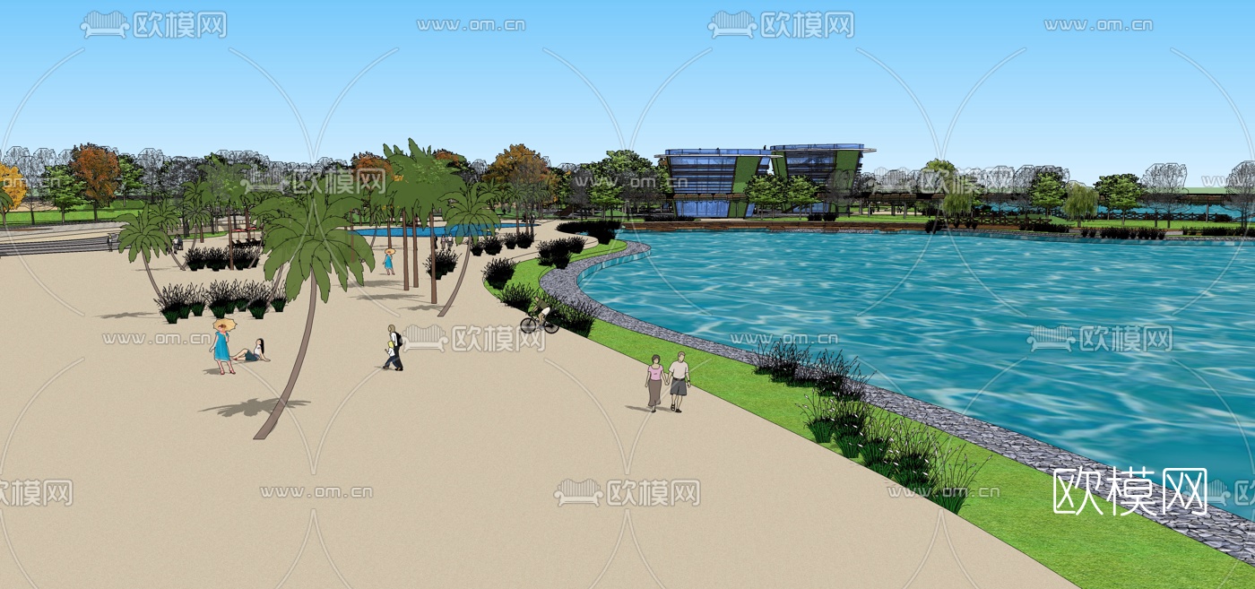 现代滨海沙滩公园su模型下载（渲染图1）