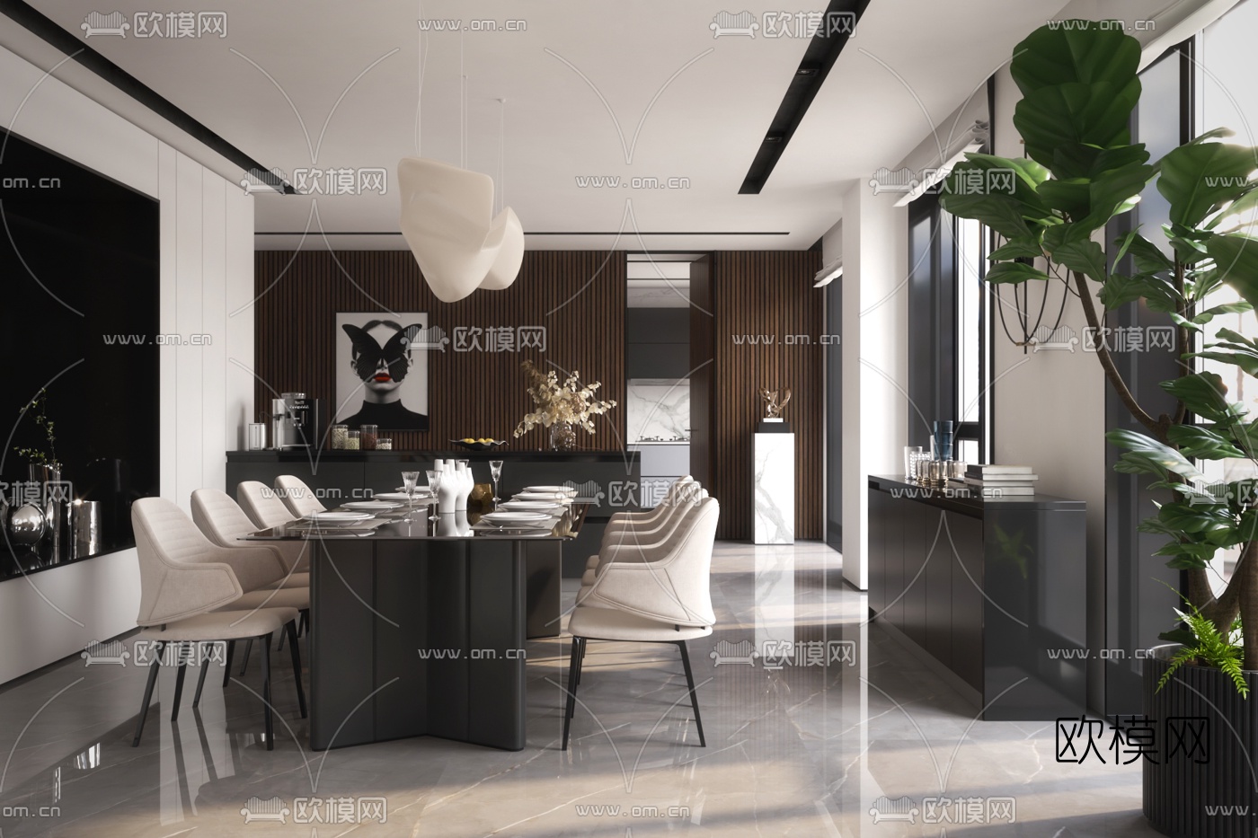 现代别墅客厅餐厅3d模型