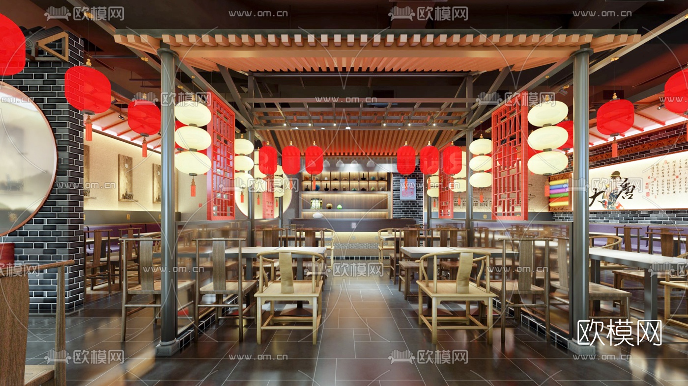 新中式中餐厅su模型下载（渲染图2）