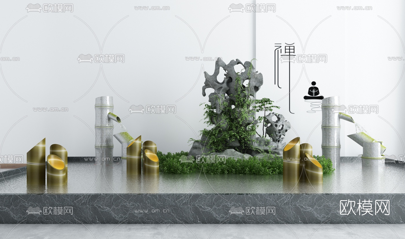 新中式假山竹子水景3d模型下载