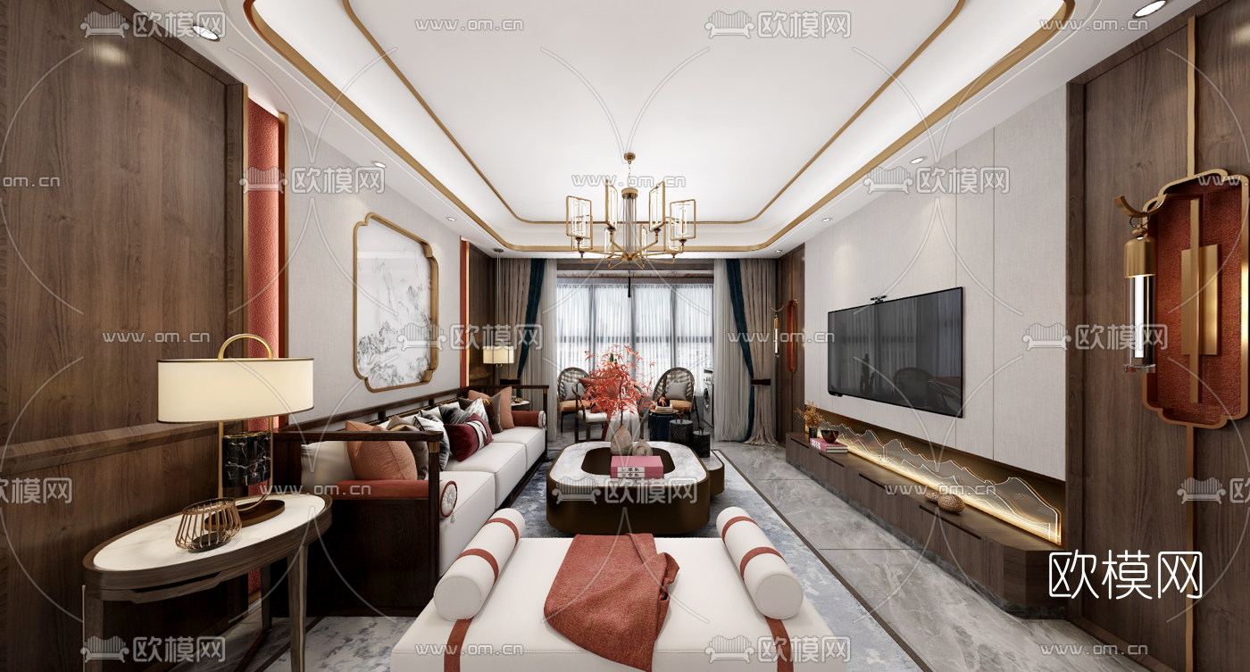 新中式客厅餐厅vr全景3d模型