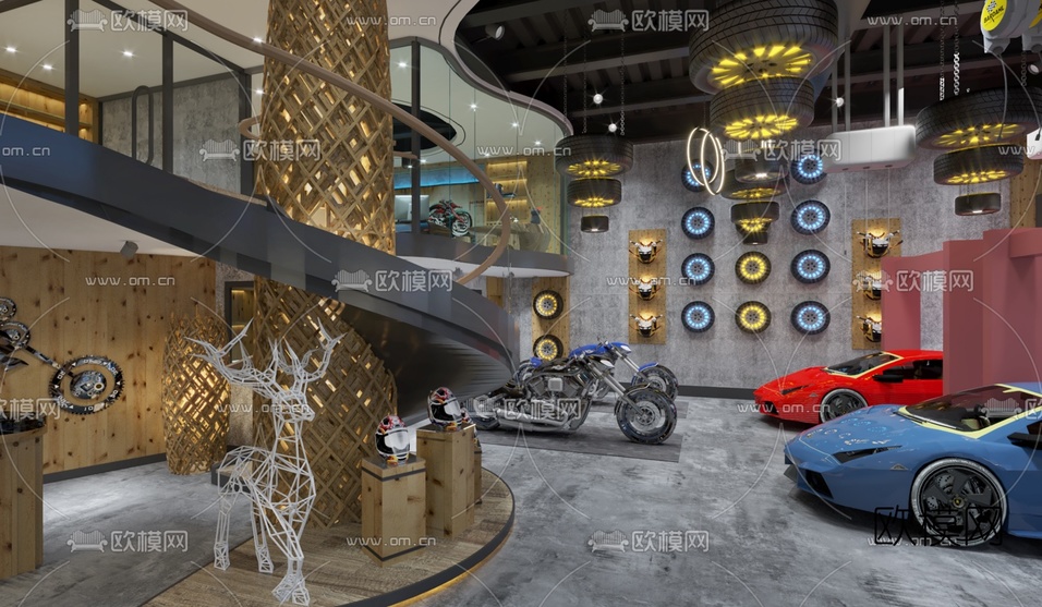 工业风汽车摩托车展厅3d模型下载(渲染图3)