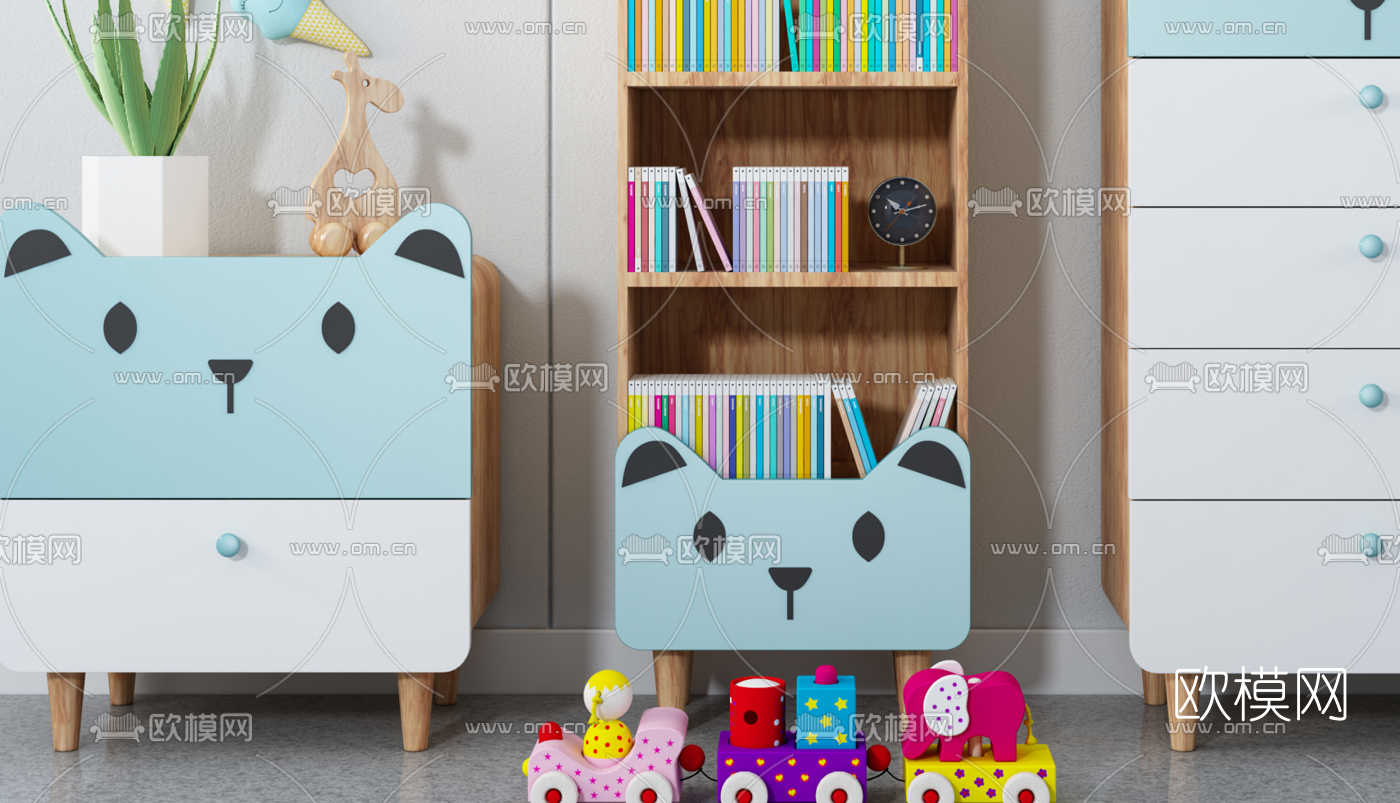 北欧原木儿童书柜斗柜3d模型下载（渲染图3）