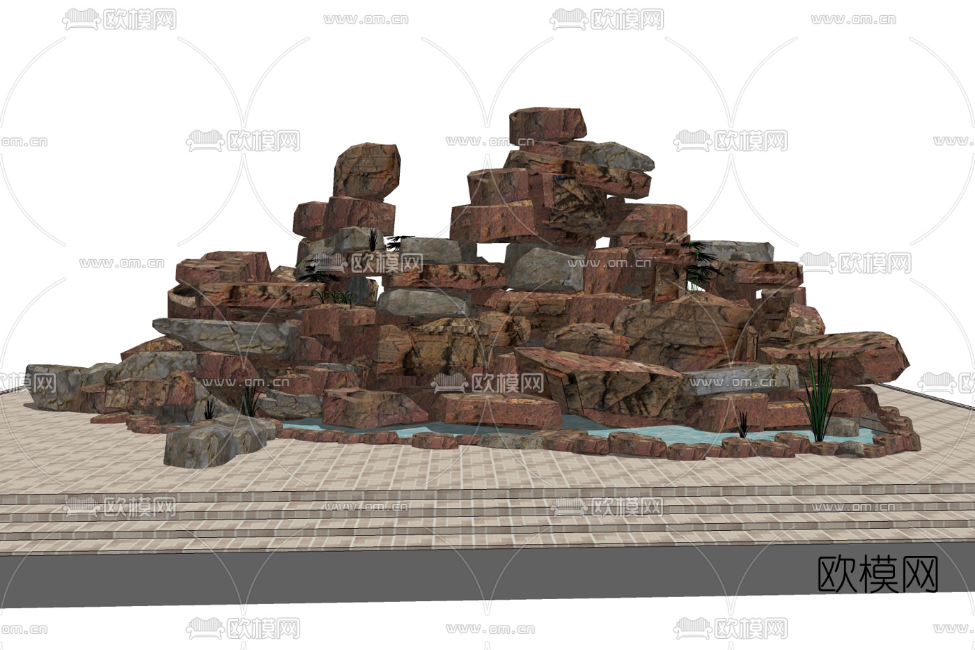 现代假山水池免费su模型下载