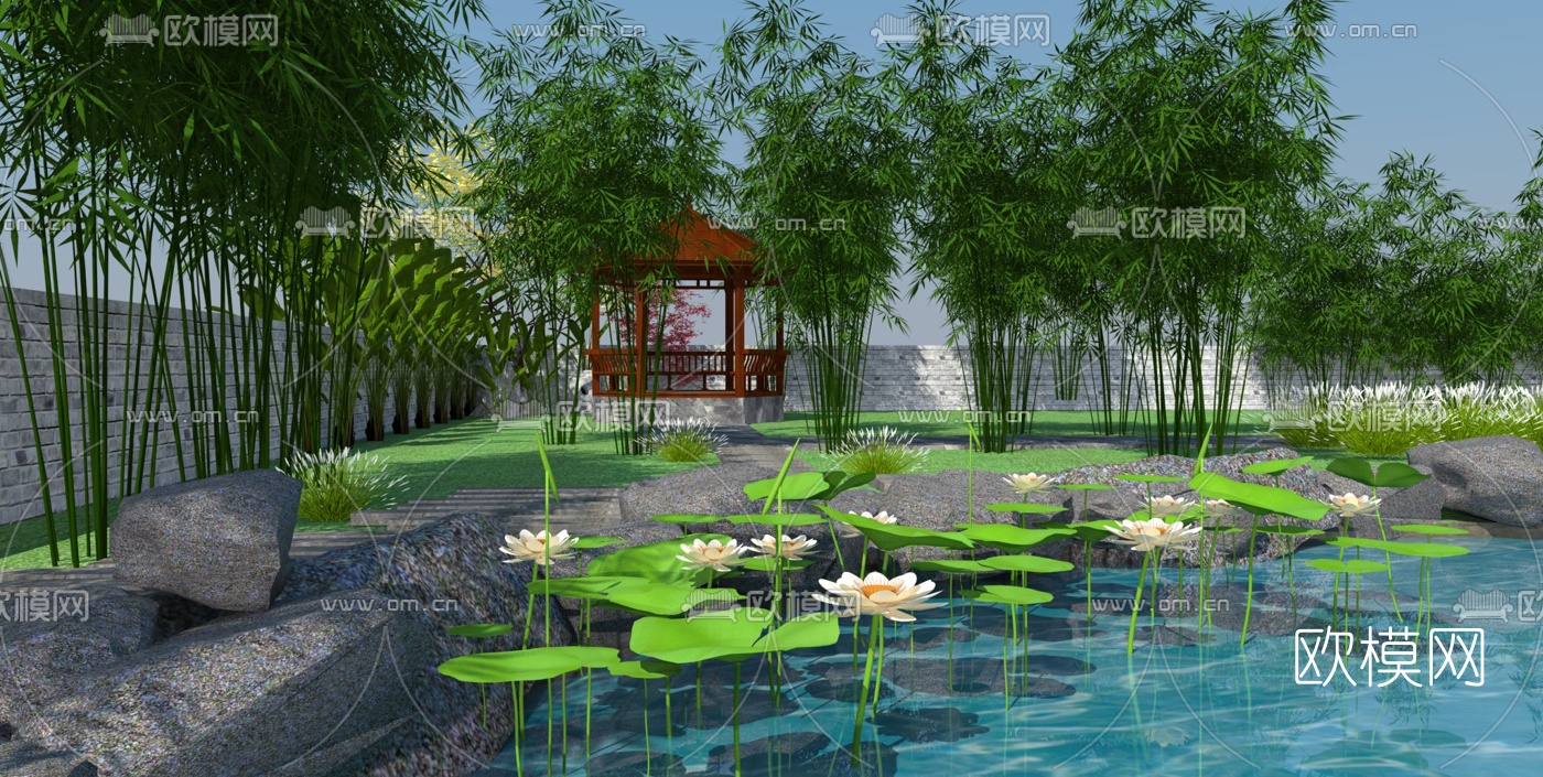 中式庭院景观su模型下载（渲染图4）