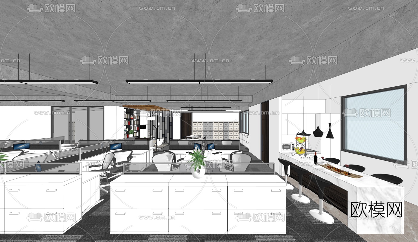 现代敞开式办公室su模型下载（渲染图3）
