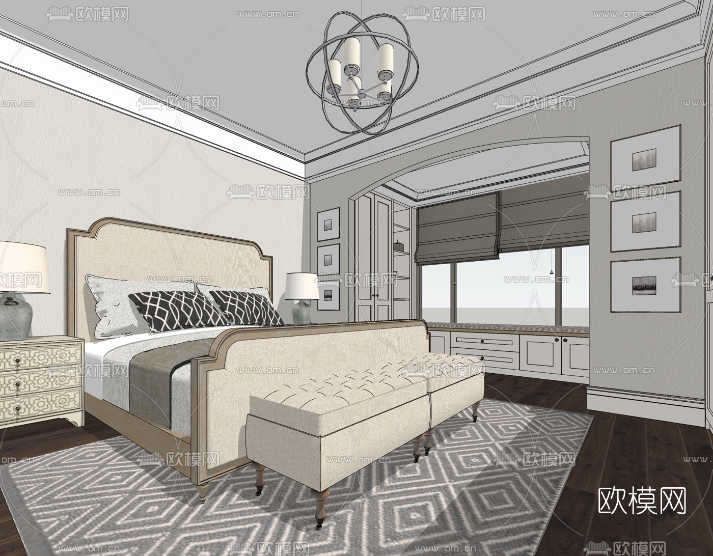 美式卧室主人房免费su模型下载
