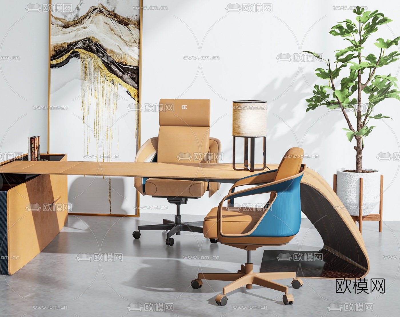 现代轻奢班台桌椅办公桌椅3d模型下载（渲染图2）