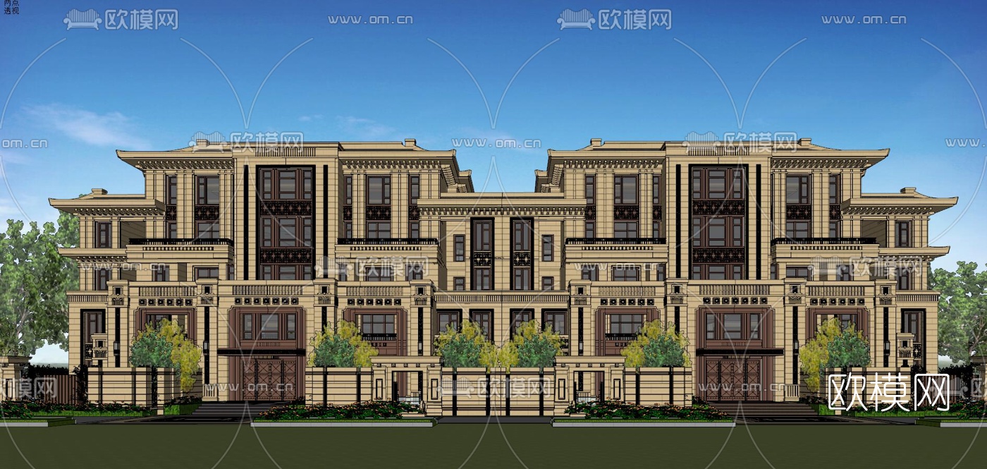新中式联排别墅su模型下载（渲染图2）
