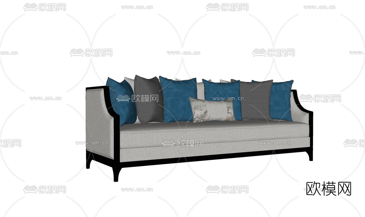 新中式布艺多人沙发su模型下载