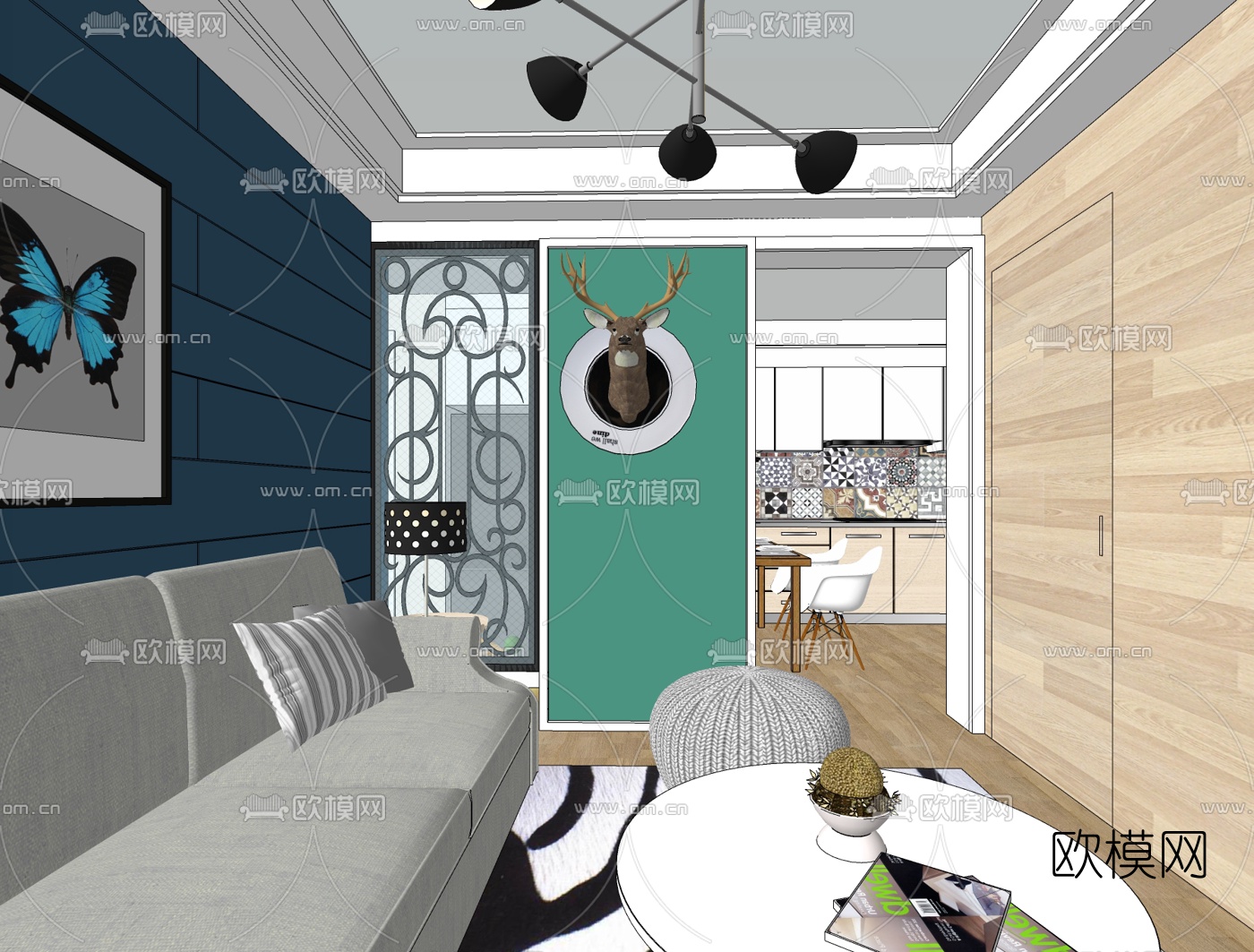 北欧客餐厅免费su模型下载（渲染图2）