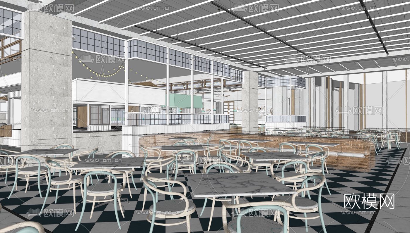 现代度假酒店全日餐厅su模型下载（渲染图2）