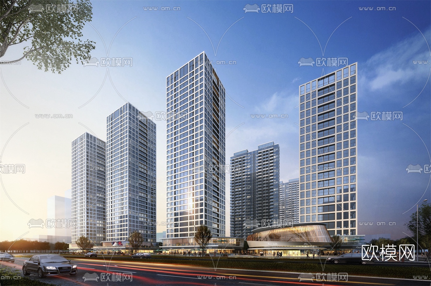 现代商住综合楼su模型下载（渲染图1）