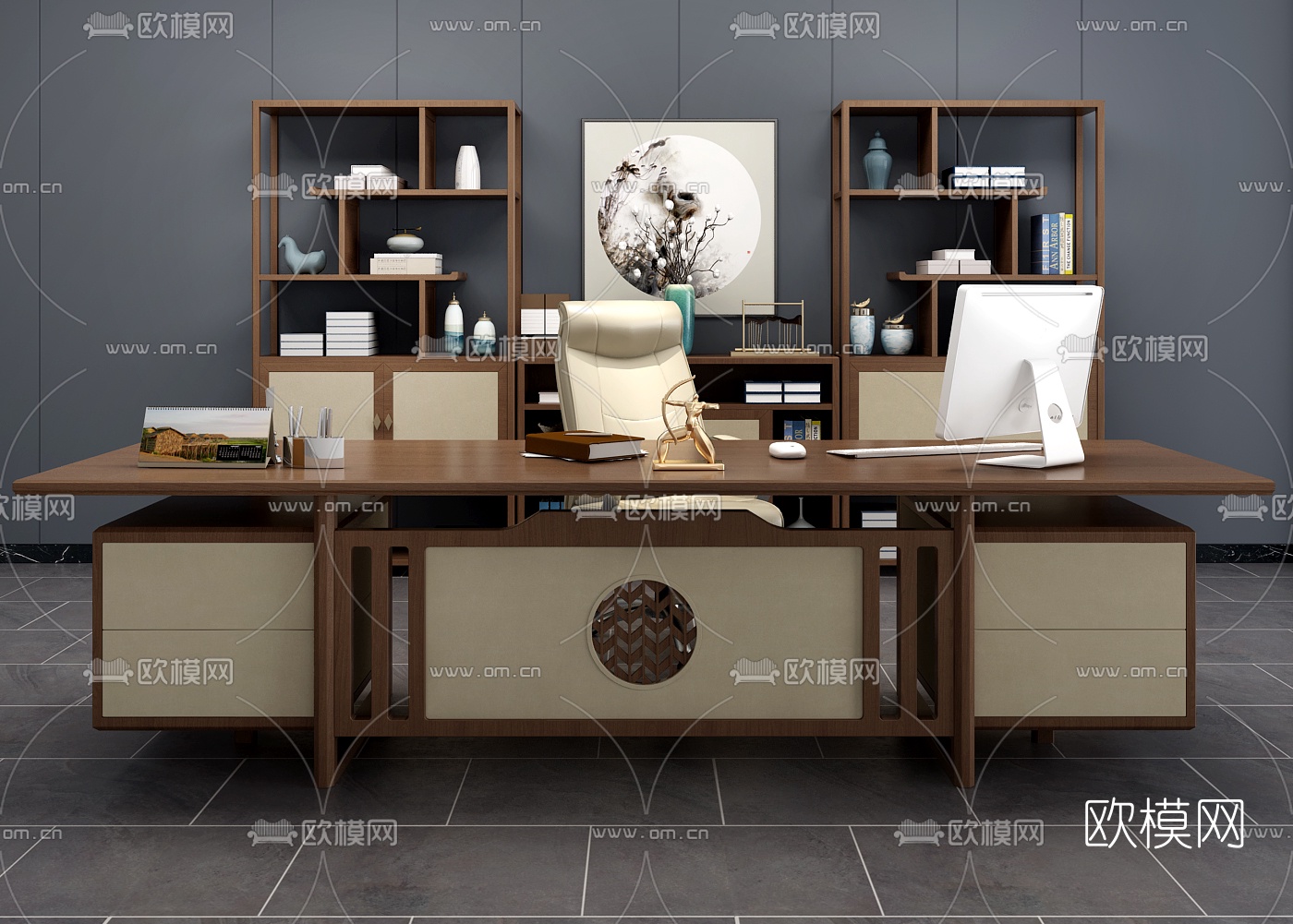 新中式办公桌大班台3d模型