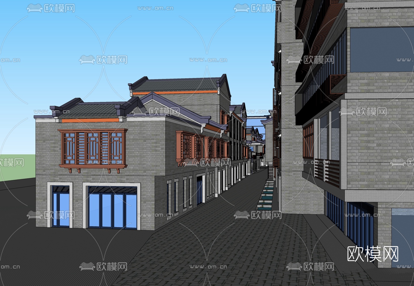 新中式商业街免费su模型下载