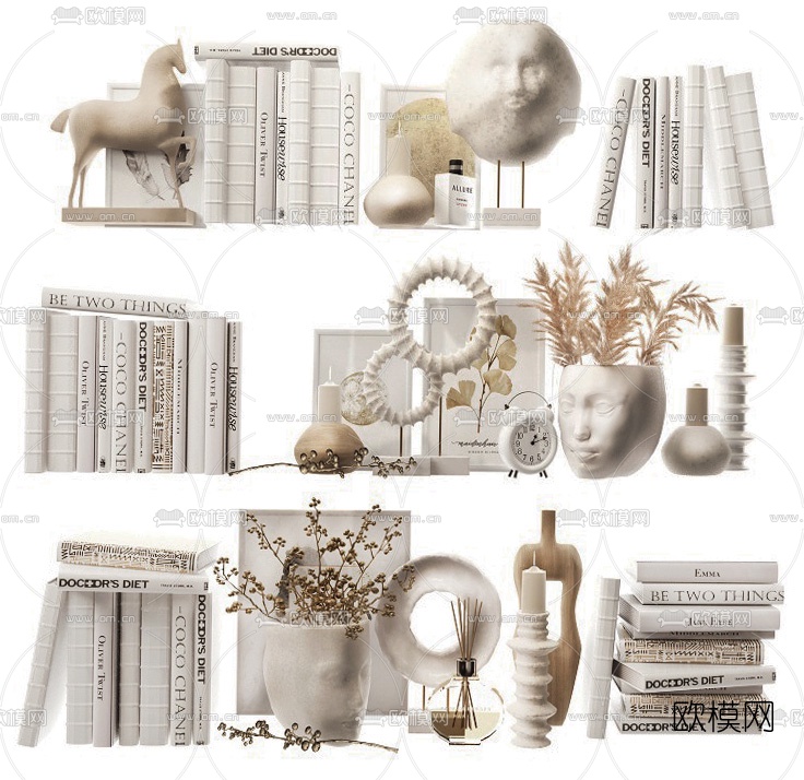 现代书籍装饰品组合3d模型下载（渲染图1）