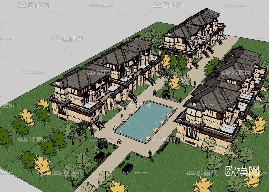 现代别墅鸟瞰规划免费su模型下载