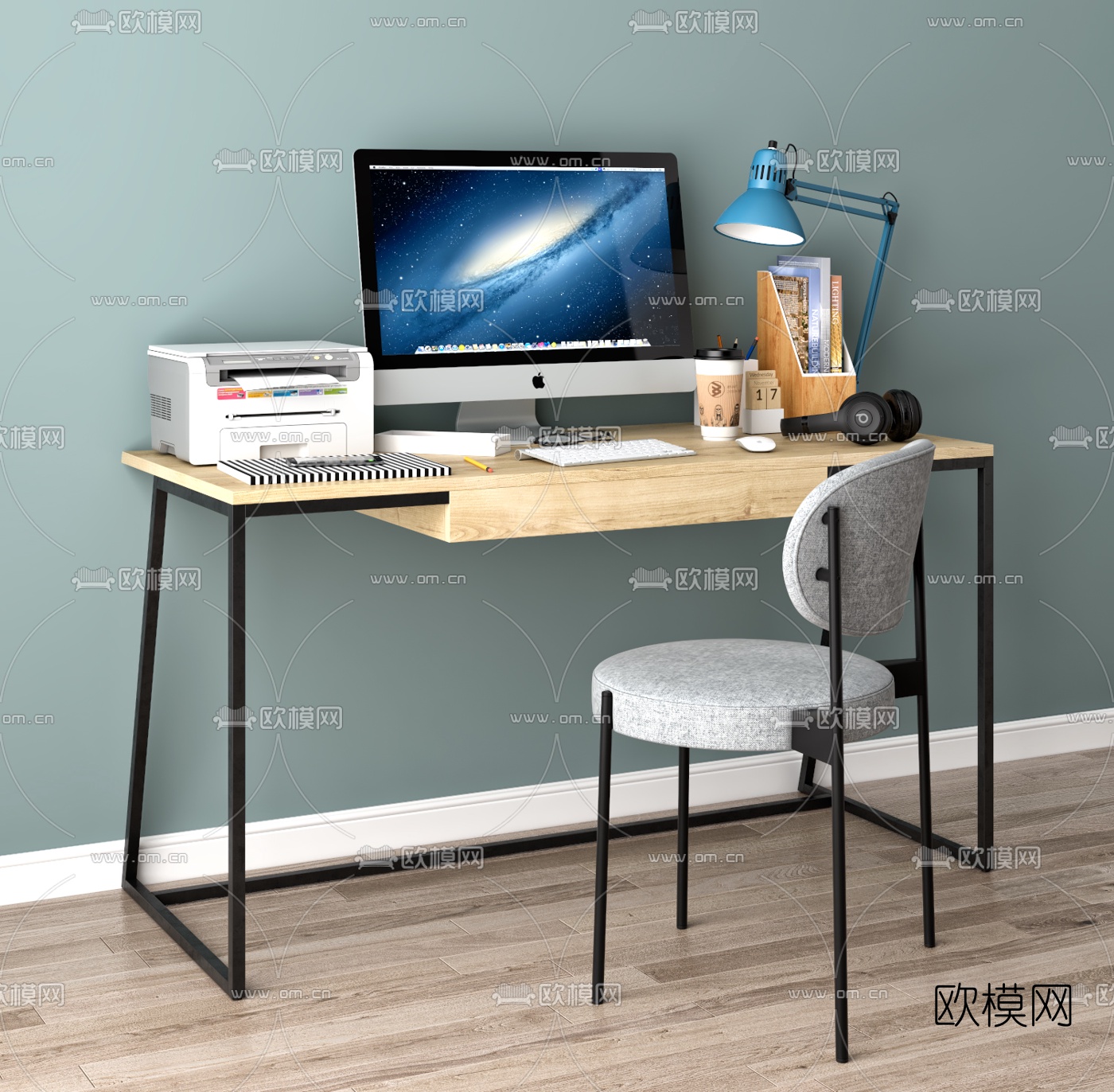 工业风铁艺书桌椅3d模型下载（渲染图2）