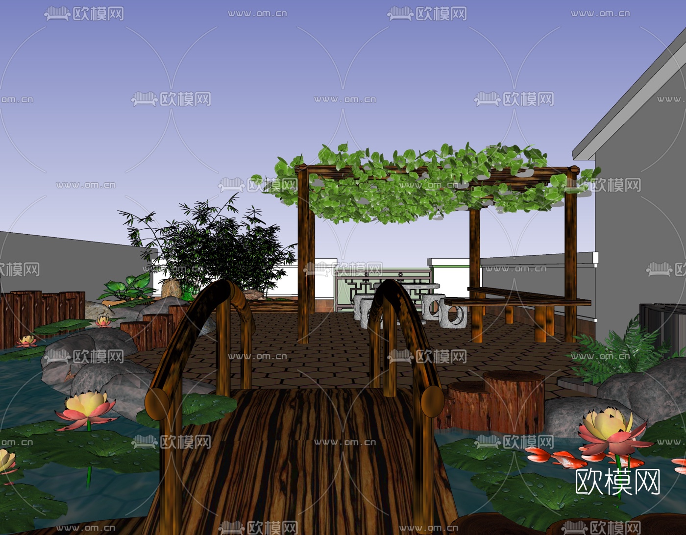 中式庭院花园免费su模型下载（渲染图2）
