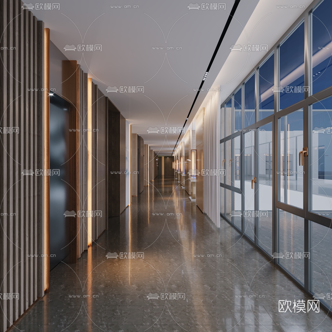新中式办公室走廊过道3d模型下载（渲染图1）