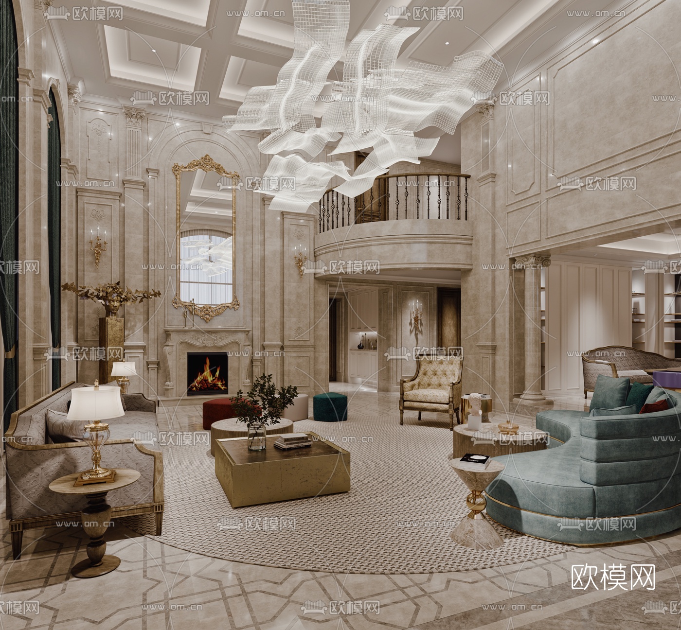 欧式轻奢别墅客厅3d模型下载