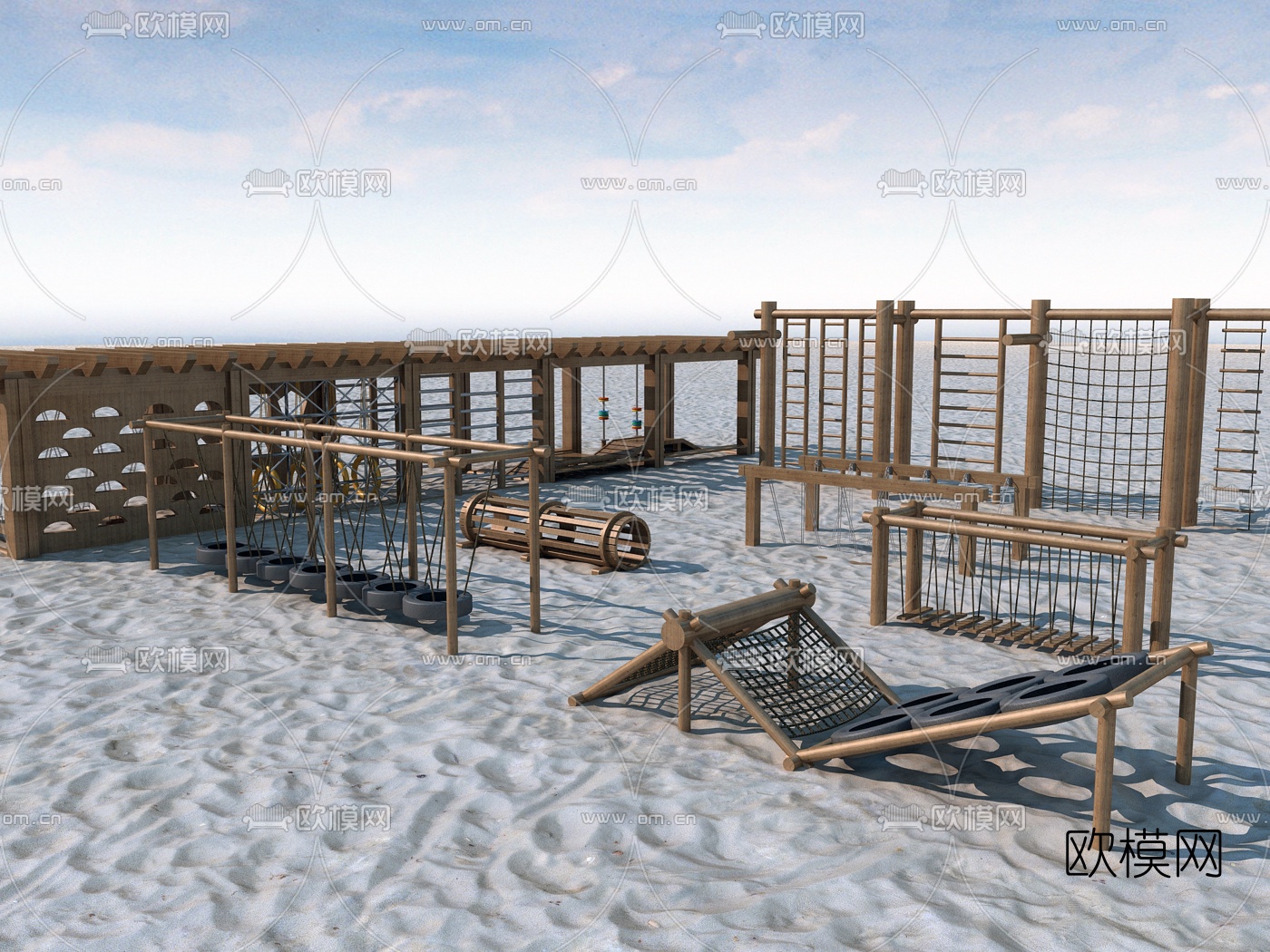 自然风儿童攀爬拓展训练设施3d模型下载（渲染图1）