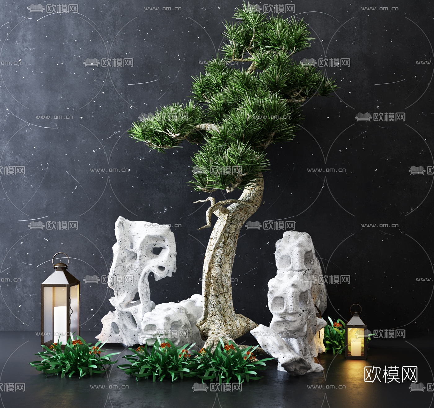 新中式松树假山园艺小品3d模型