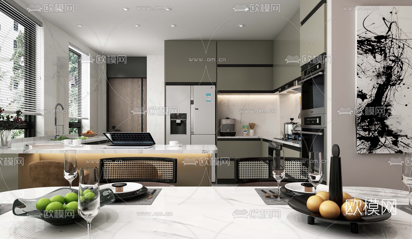 现代轻奢客厅餐厅3d模型下载（渲染图2）