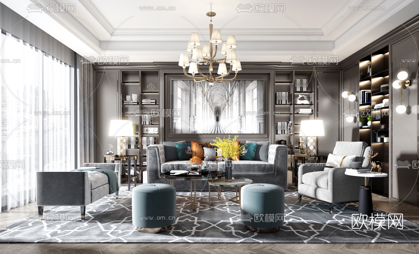 后现代客厅沙发组合3d模型下载（渲染图1）