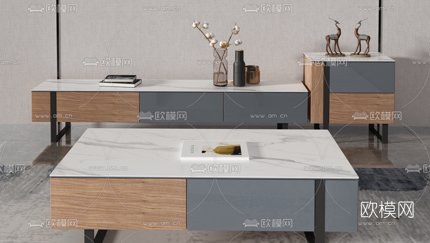 北欧实木电视柜茶几组合3d模型下载（渲染图2）