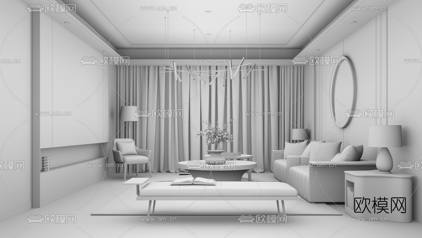 现代轻奢客厅su模型下载（渲染图3）