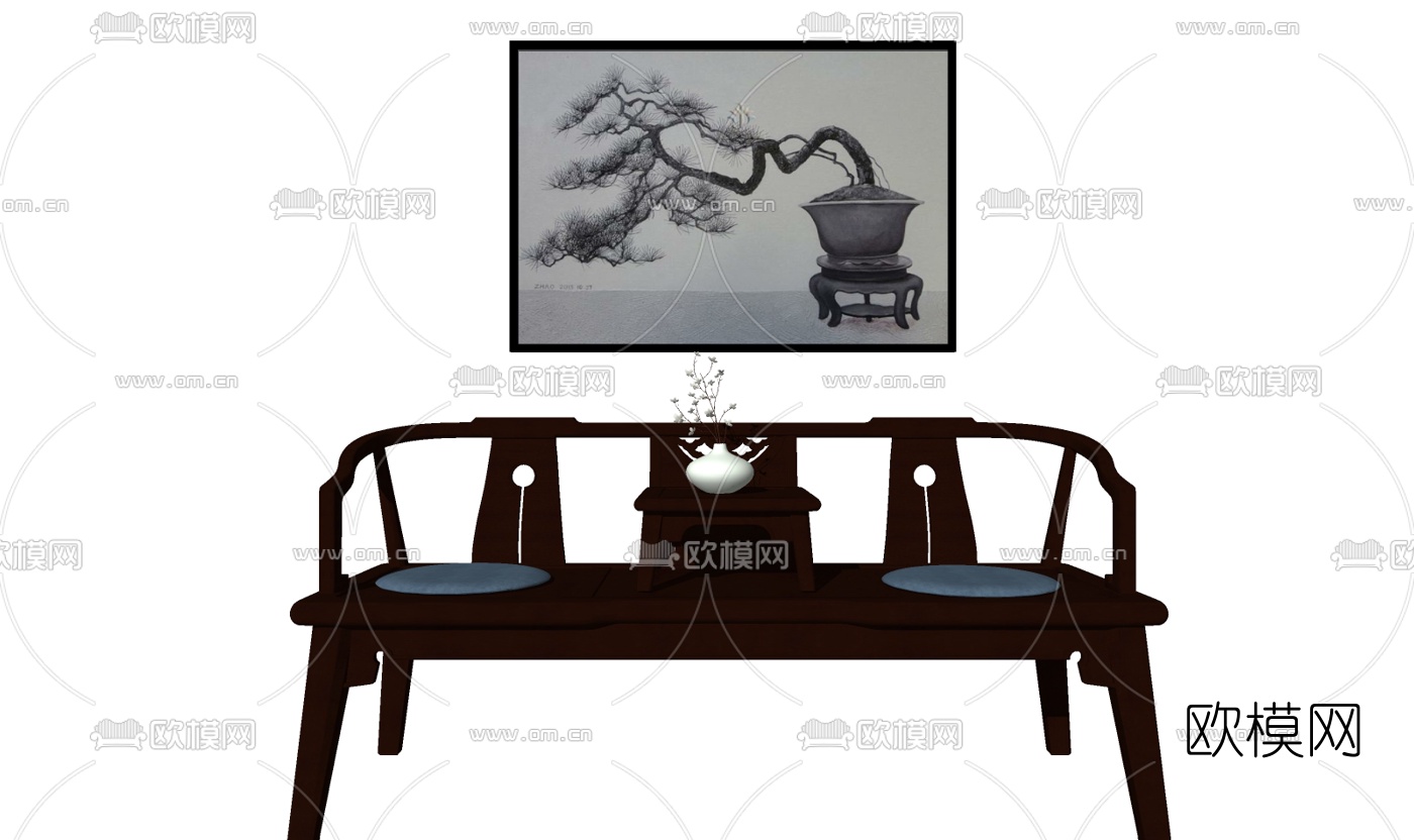 新中式实木双人沙发su模型下载