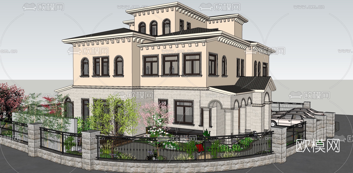 美式独栋别墅su模型下载（渲染图4）
