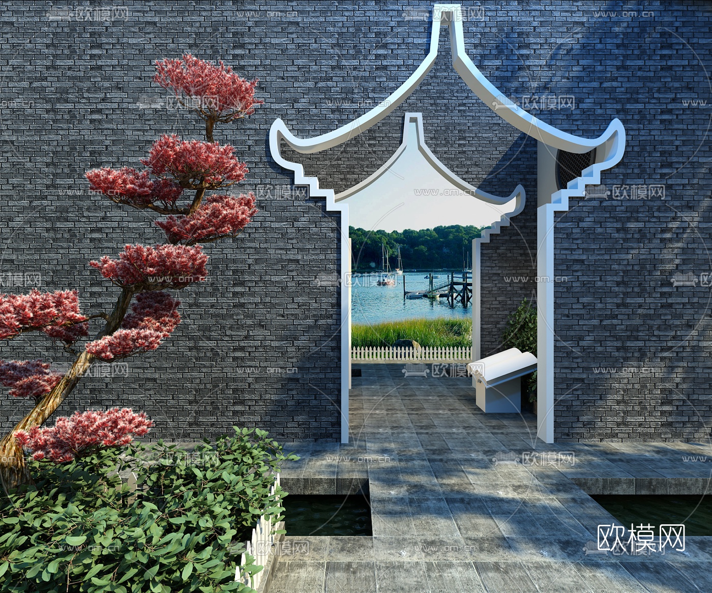 新中式园林门洞3d模型下载（渲染图1）