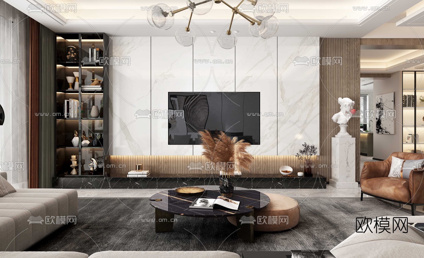 现代轻奢客厅餐厅3d模型下载（渲染图1）