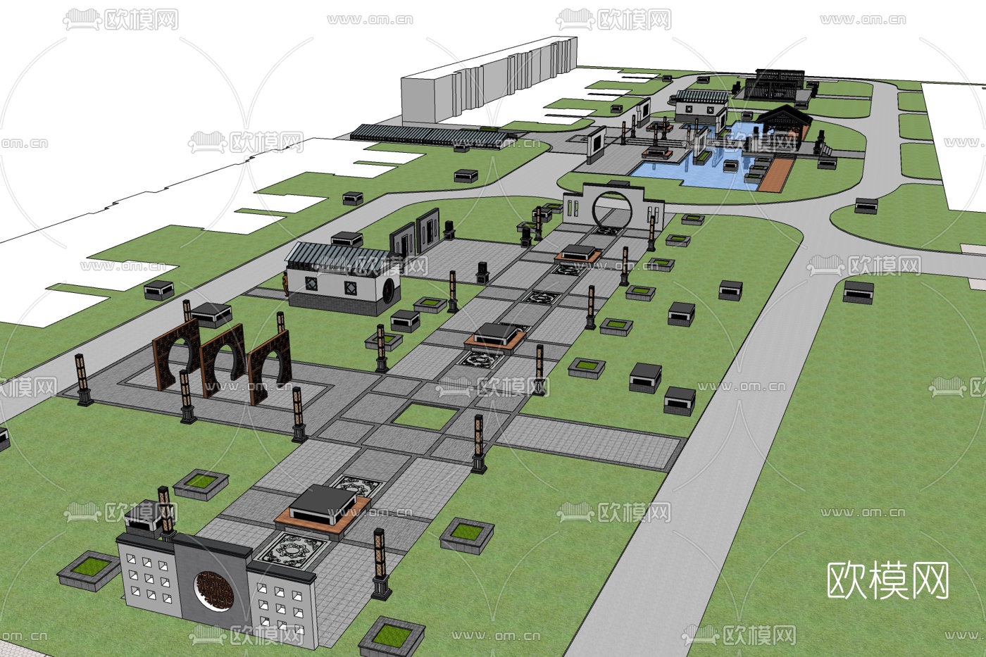 新中式公园景观免费su模型下载