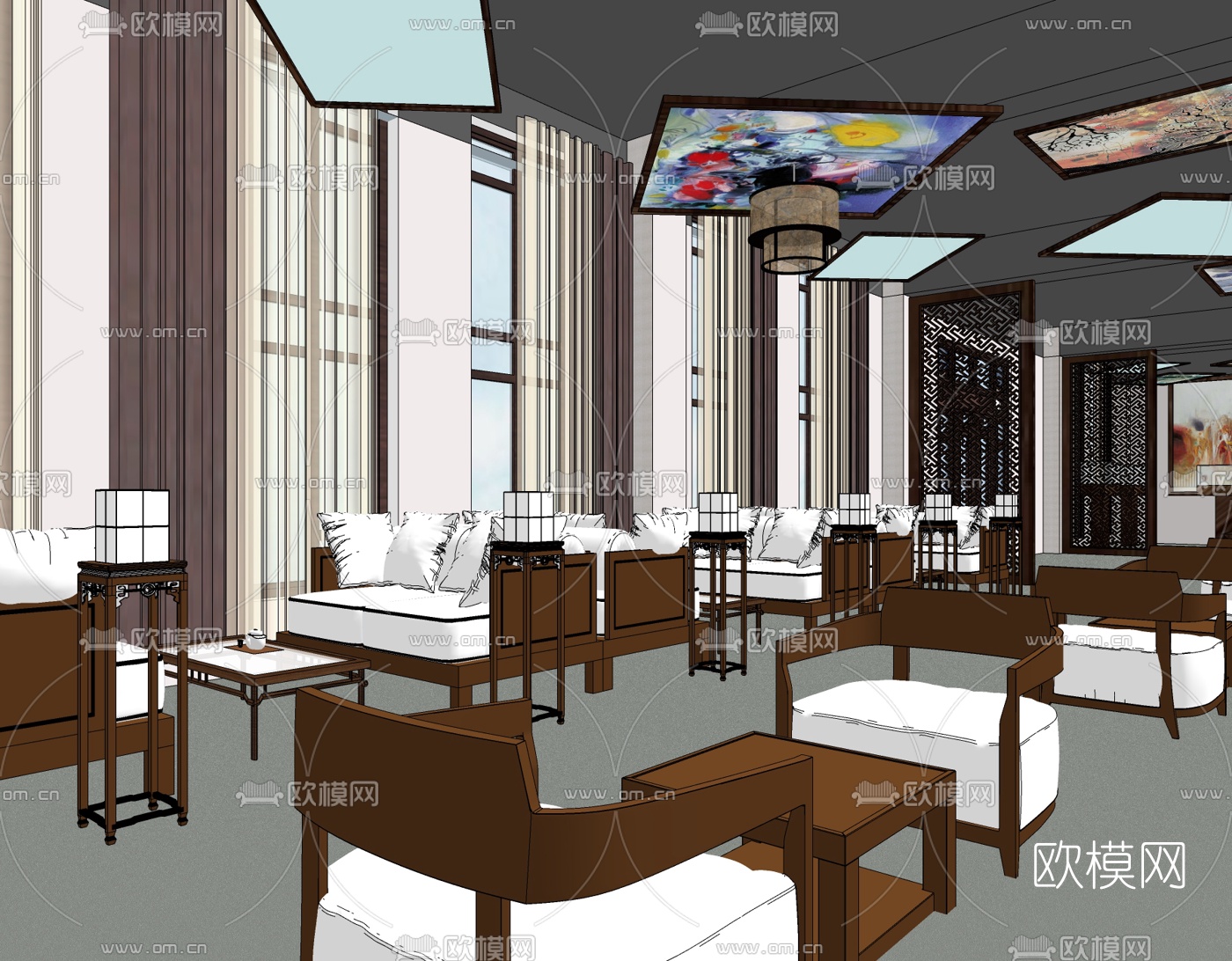 中式售楼部接待区免费su模型下载