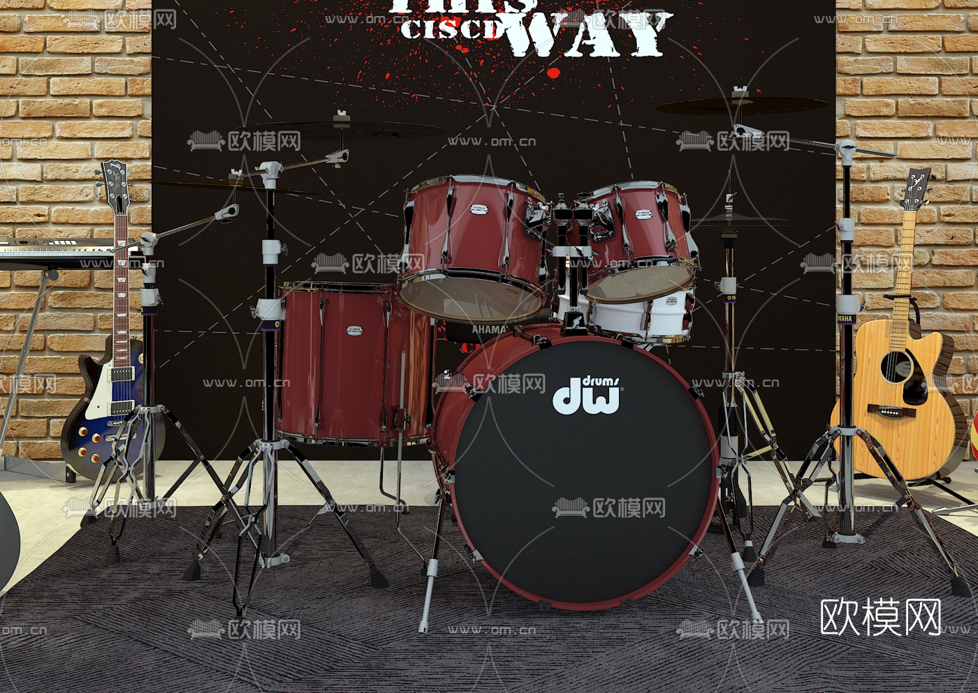 现代吉他架子鼓钢琴3d模型下载（渲染图3）