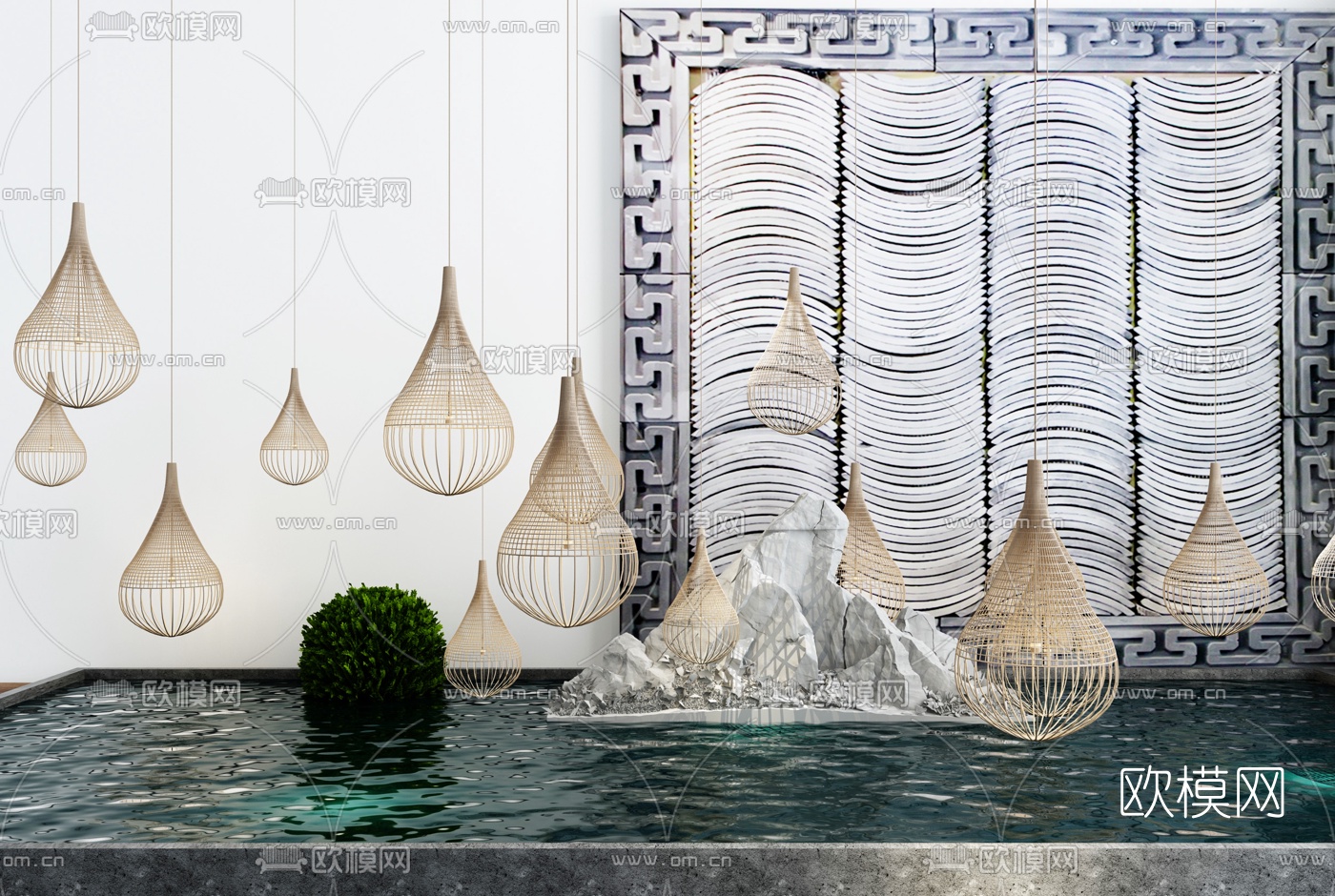 新中式水景假山园林景观3d模型下载