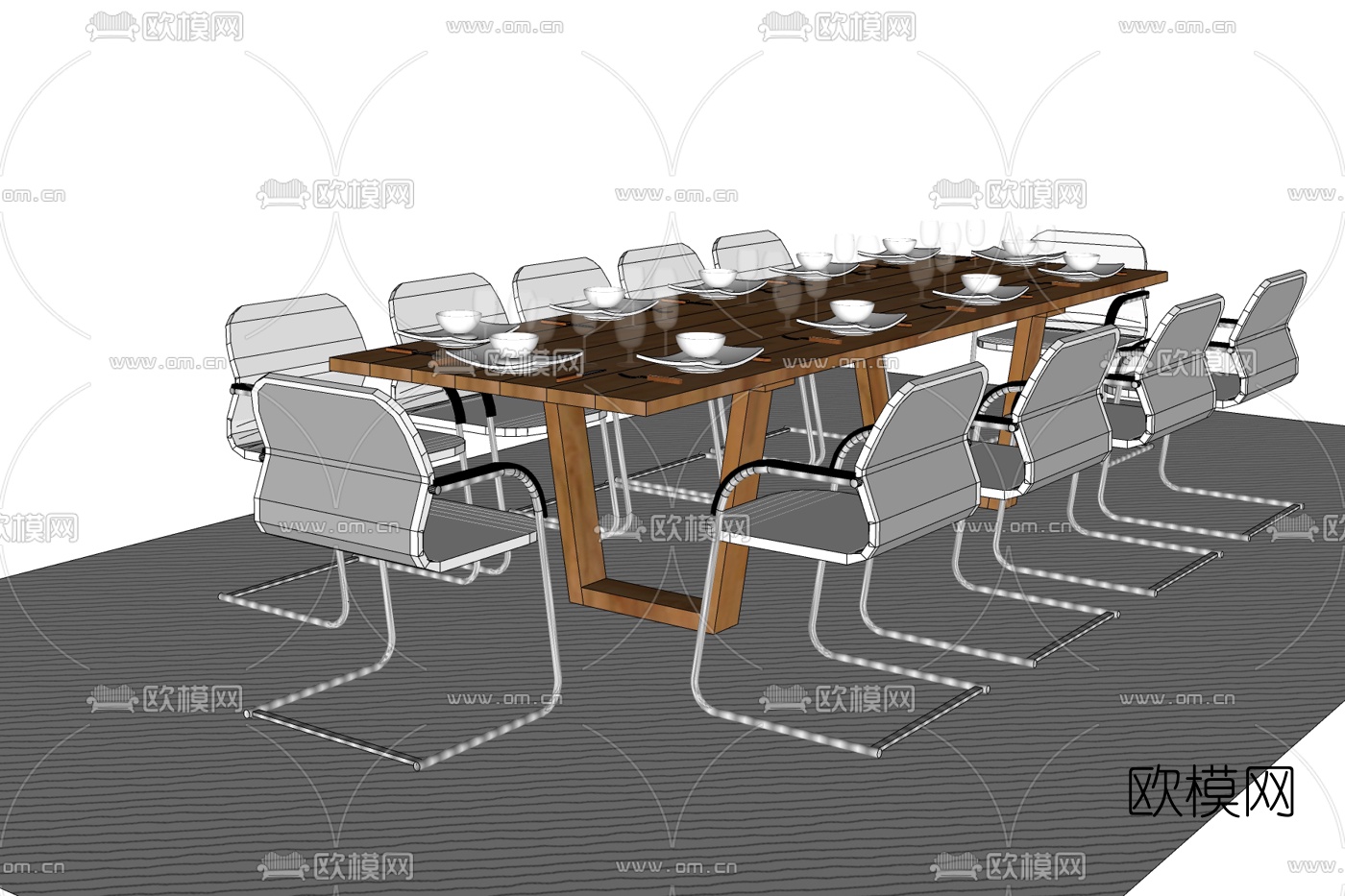 现代实木会议桌免费su模型下载