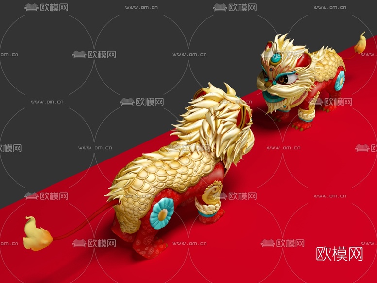 中式狮子摆件3d模型下载(渲染图3)