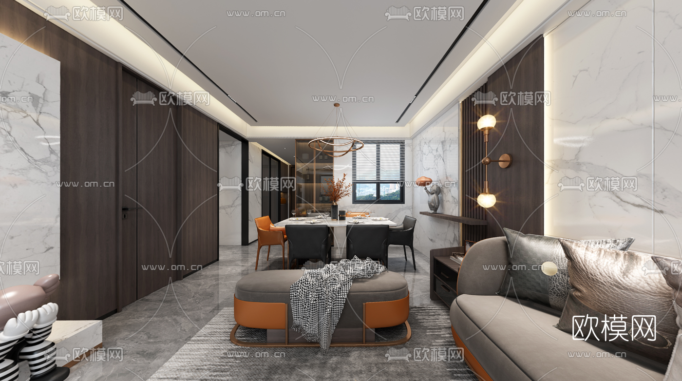 现代轻奢客厅餐厅vr全景3d模型