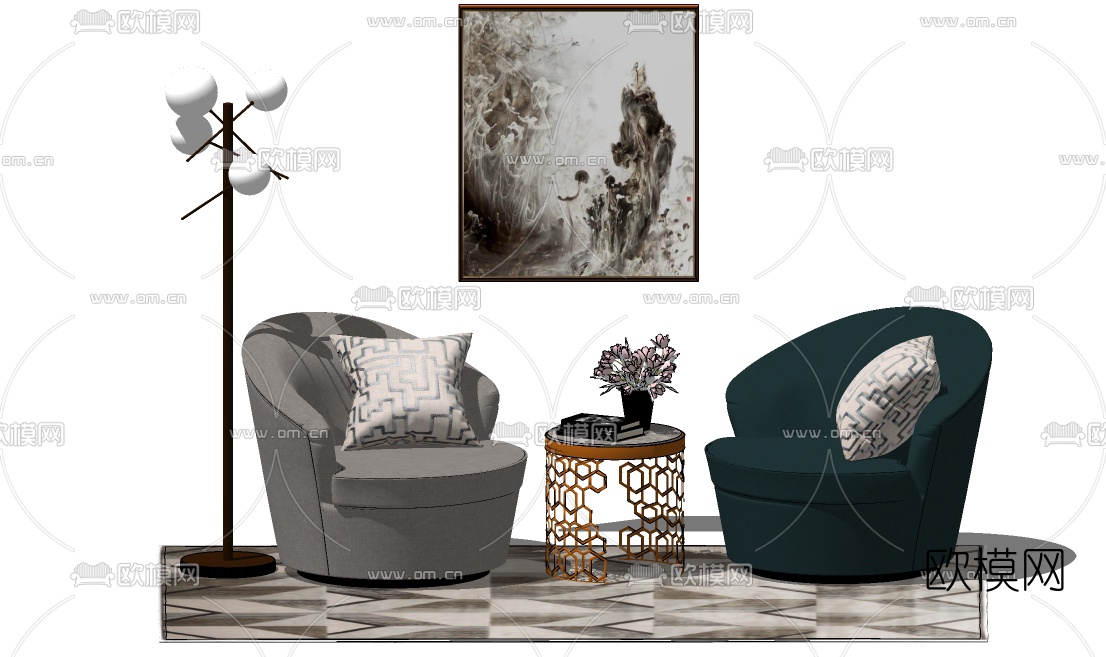 现代布艺休闲沙发su模型下载（渲染图1）